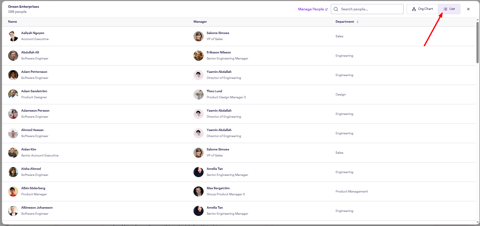 Org Chat View List